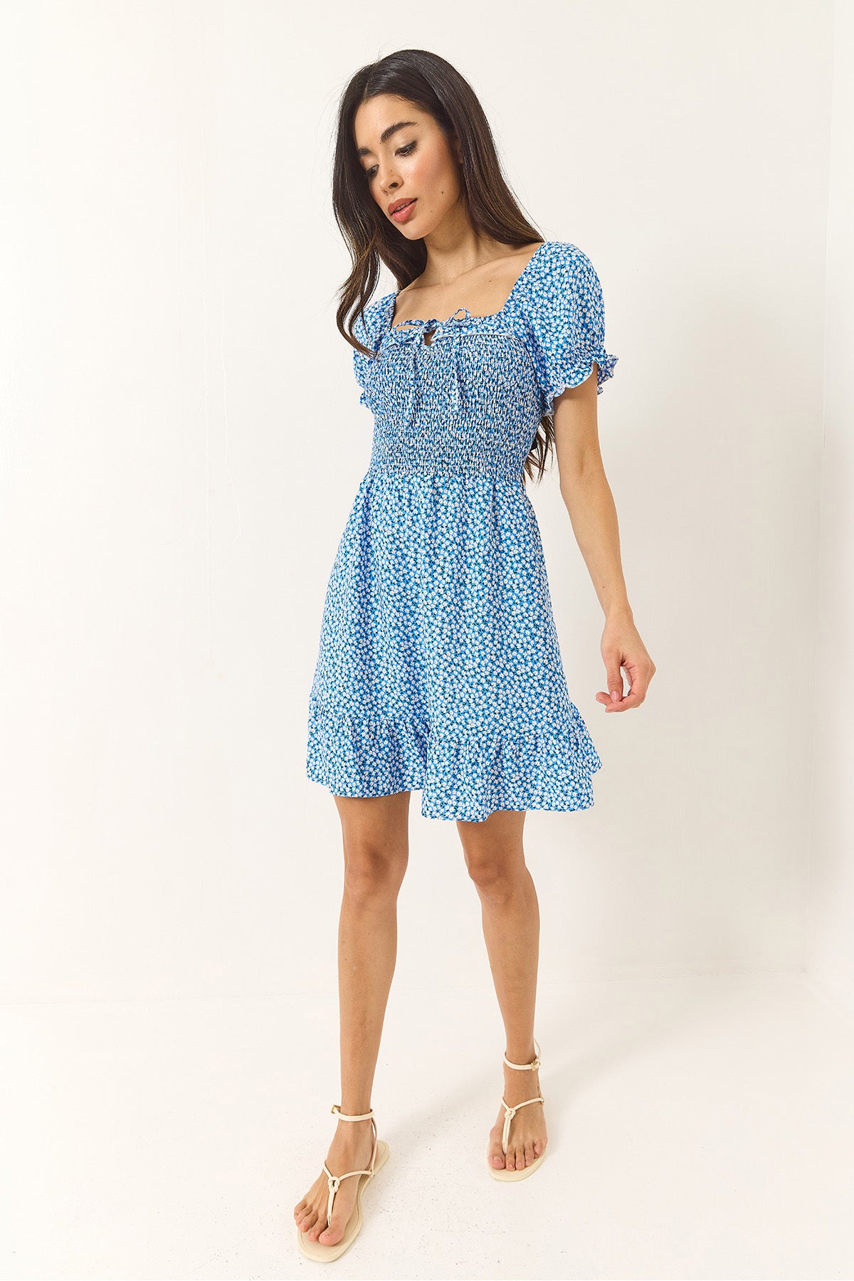 Women's Daisy Patterned Watermelon Sleeve Gimped Mini Viscose Dress 60283226