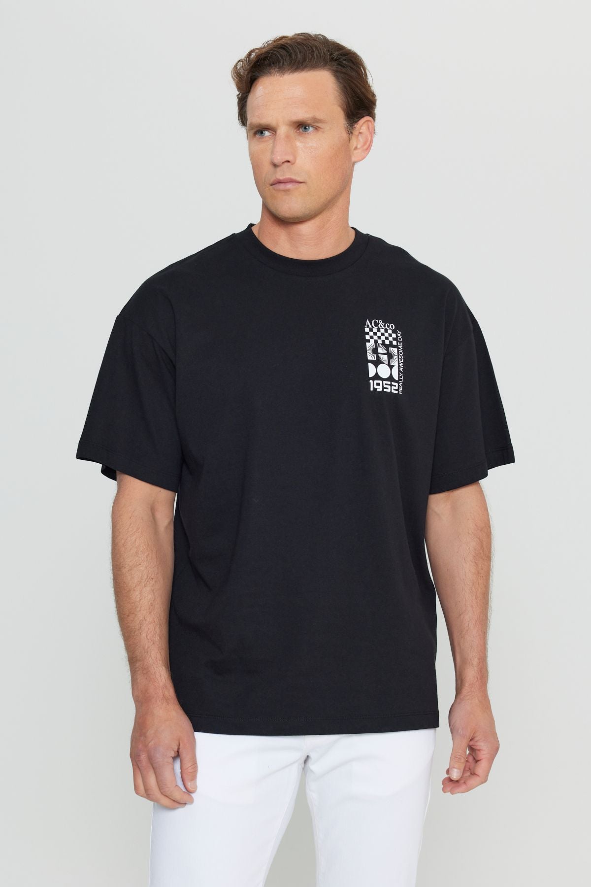 Men's black 100 %cotton oversizle fit abundant cut bicycle collar printed T -shirt