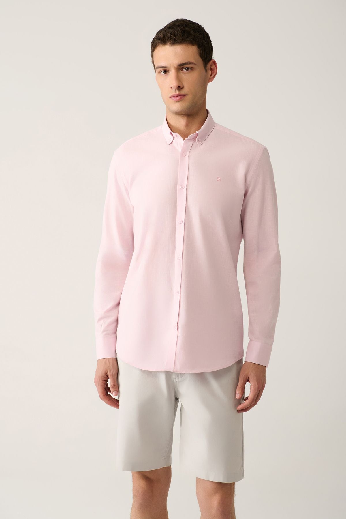 Men's Light Pink button collar 100 %cotton linen textured shirt E002141