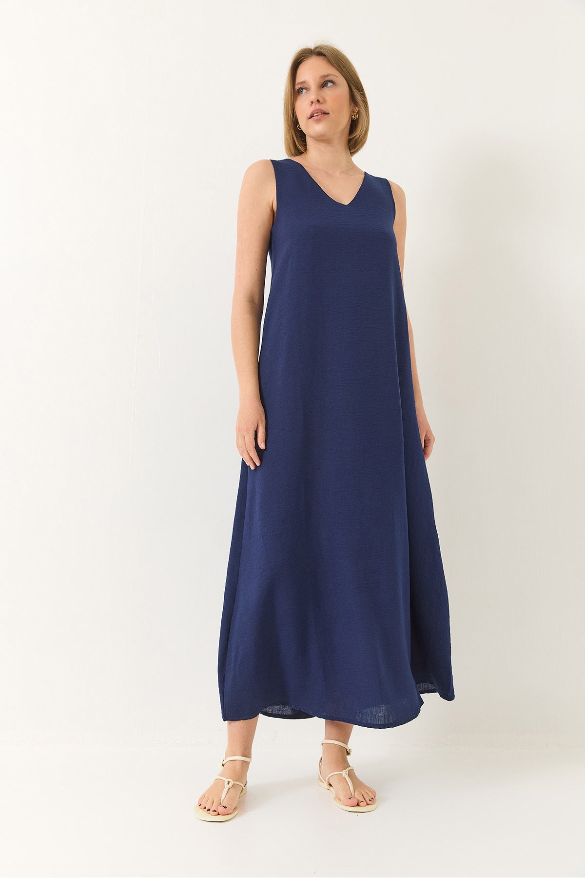 Women's V-neck Thick Strap Long Linen Dress 442 60283172