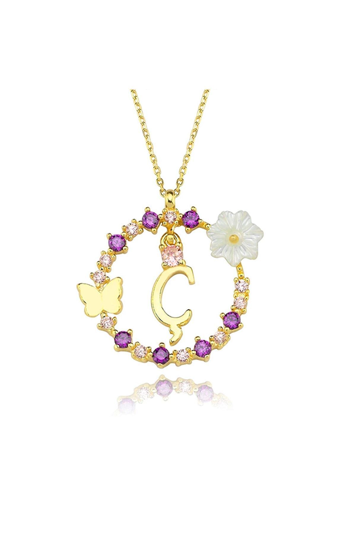 Magnolia Flower Dreams Glitter 14k Gold Ç Letter Women's Necklace