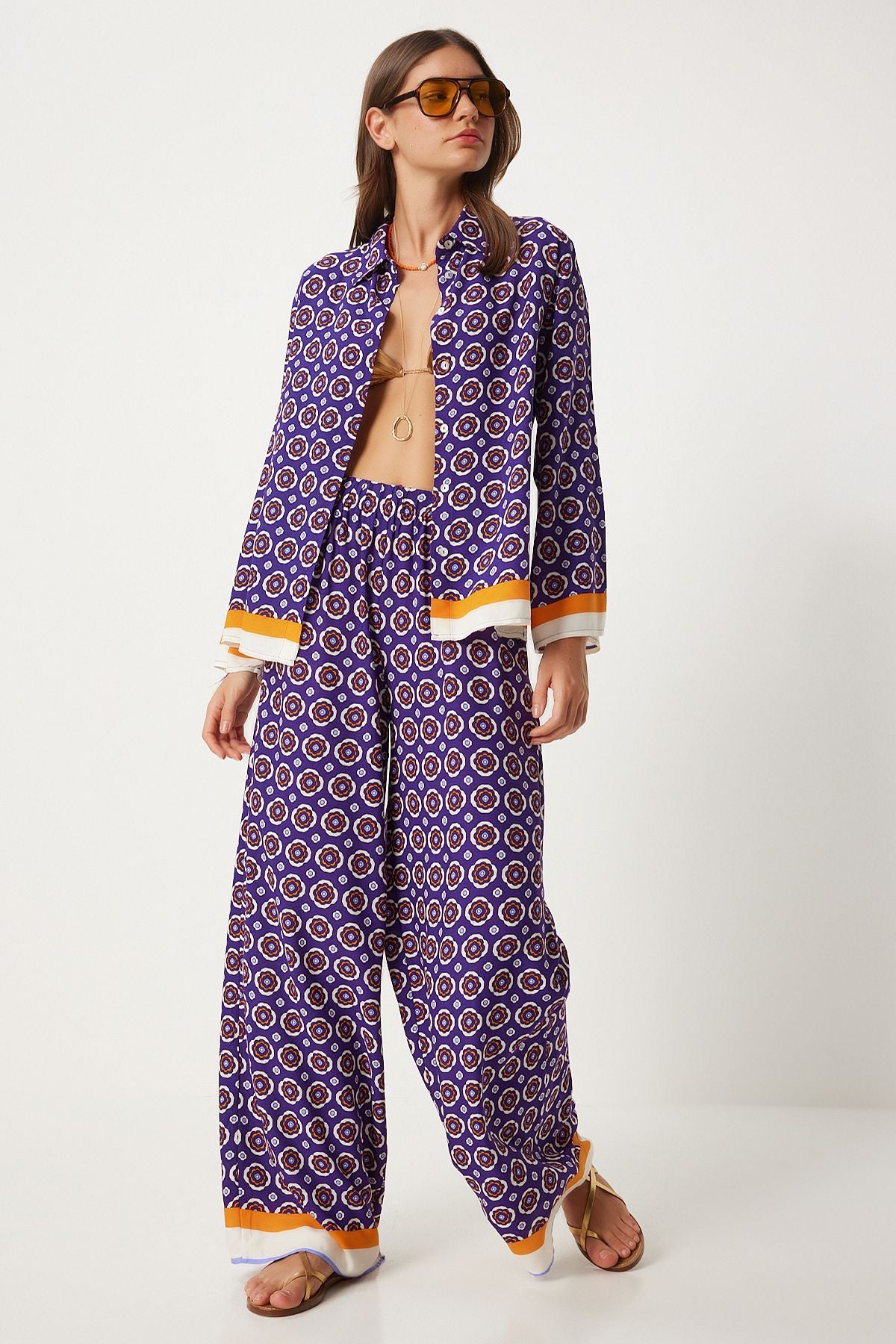 Woman purple white patterned summer viscose shirt palazzo pants set FN03272
