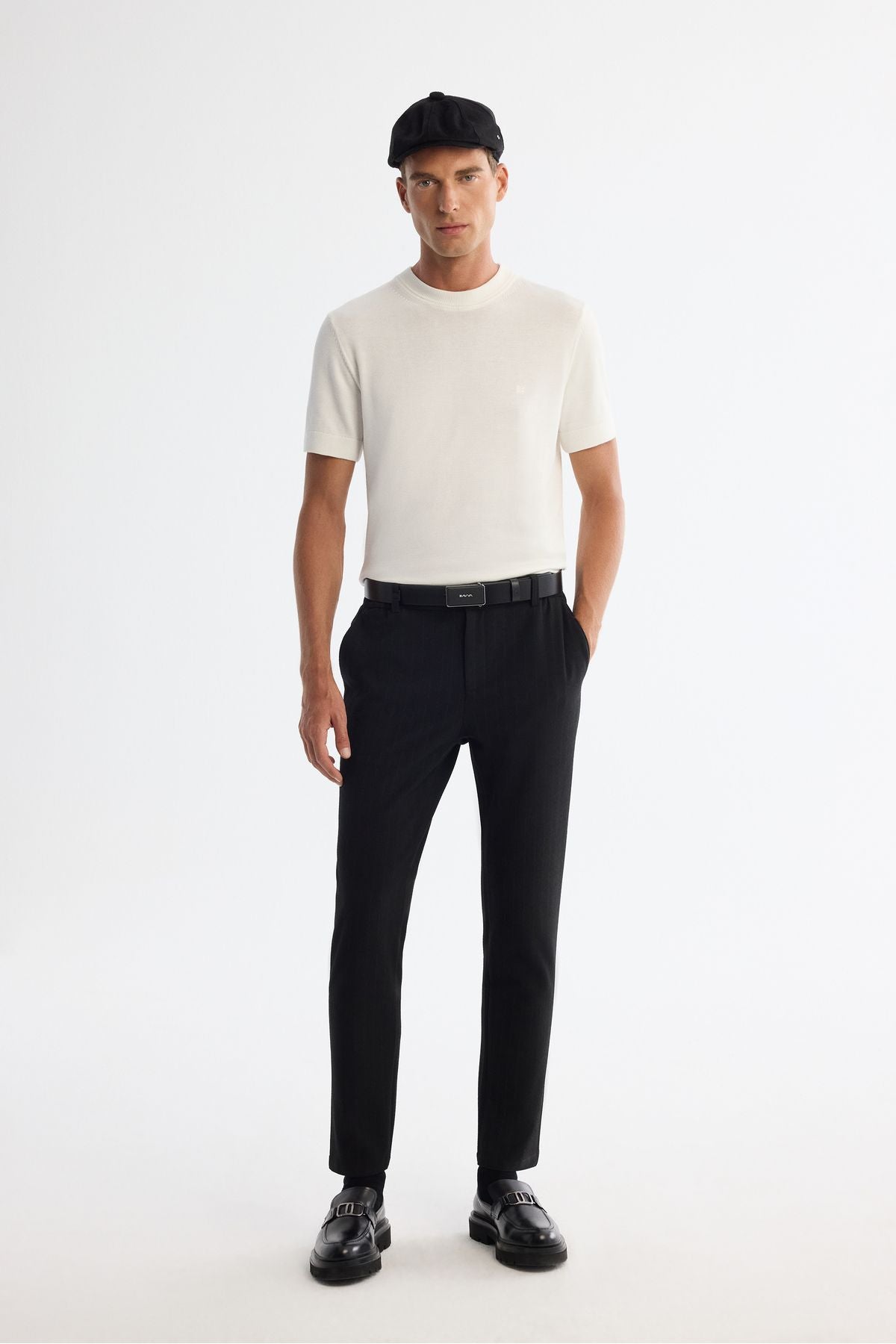 Men's Black Side Elasttan Chino Pants with Weddenger Striped Wedding Striped A42y3044