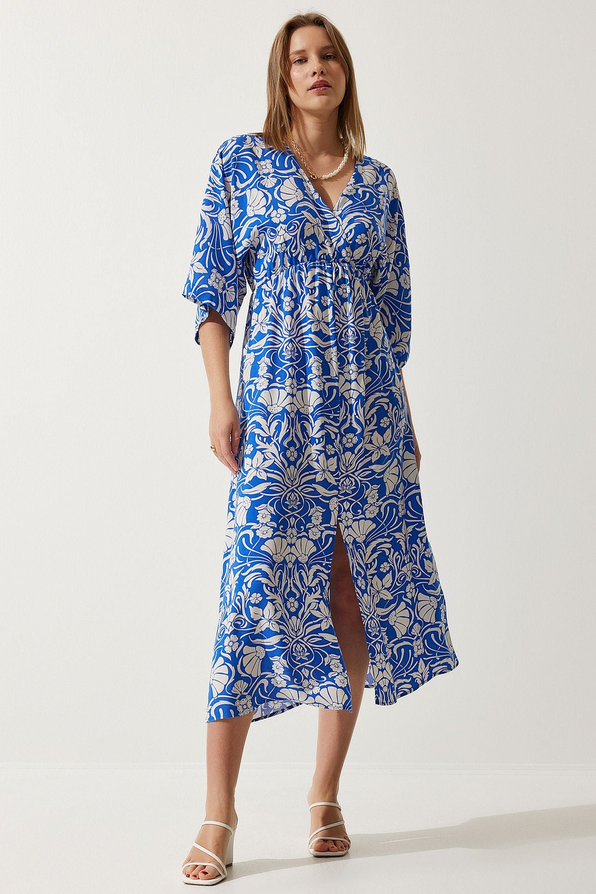 Woman Blue White Anvelop Yaka Patterned Summer Viscose Dress DK00166