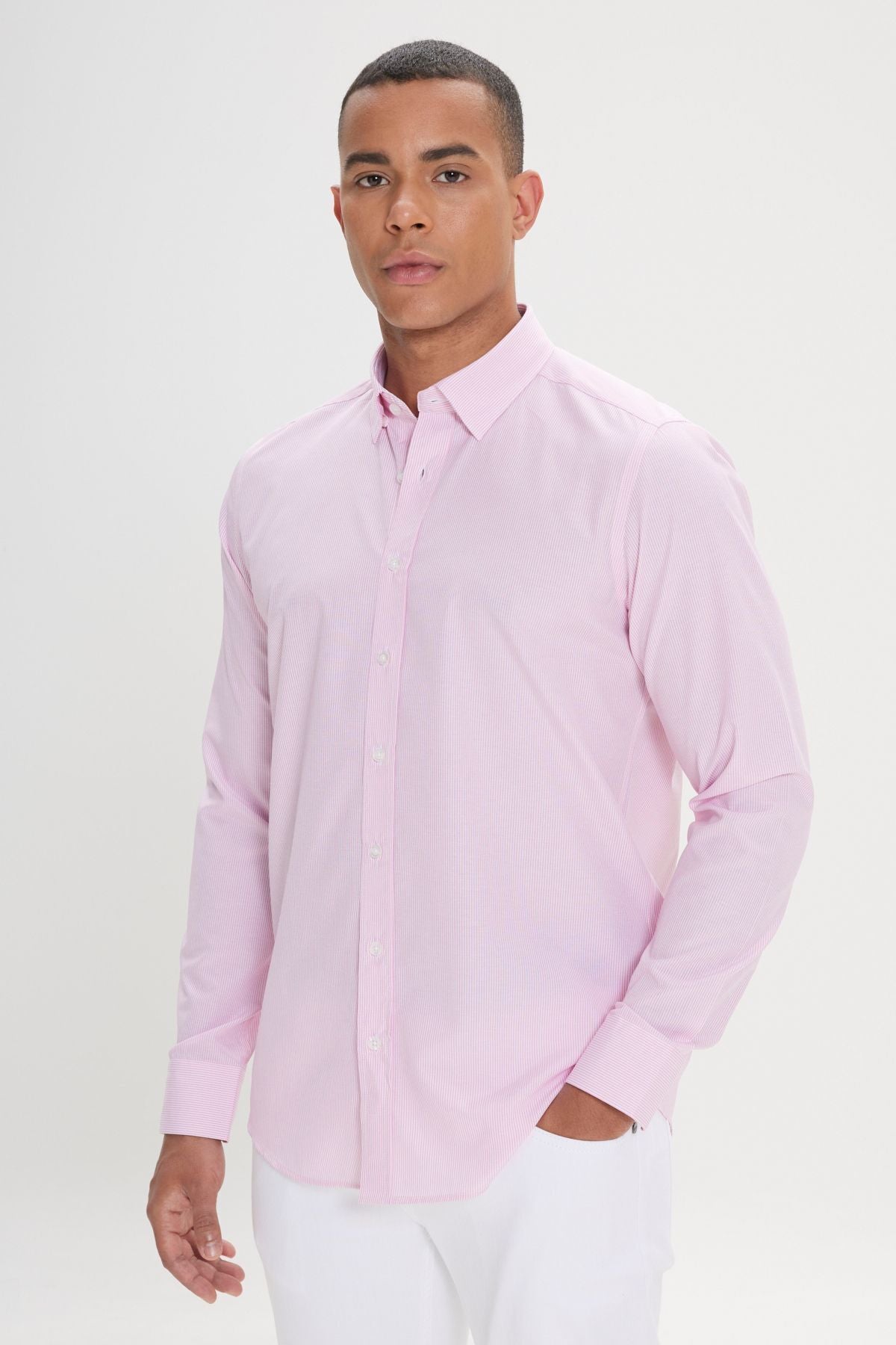 Men's White-Pink Slim Fit Narrow Cut Hidden buttoned collar cotton striped shirt