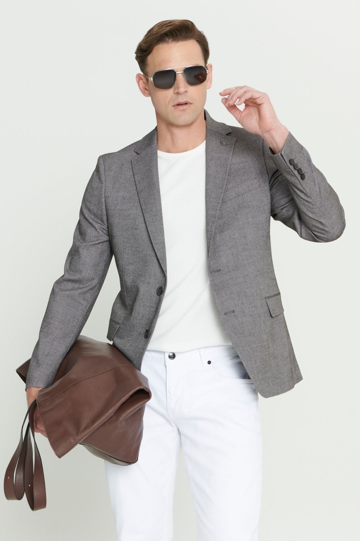 Men's brown slim fit narrow cutting mono collar pattern blazer jacket