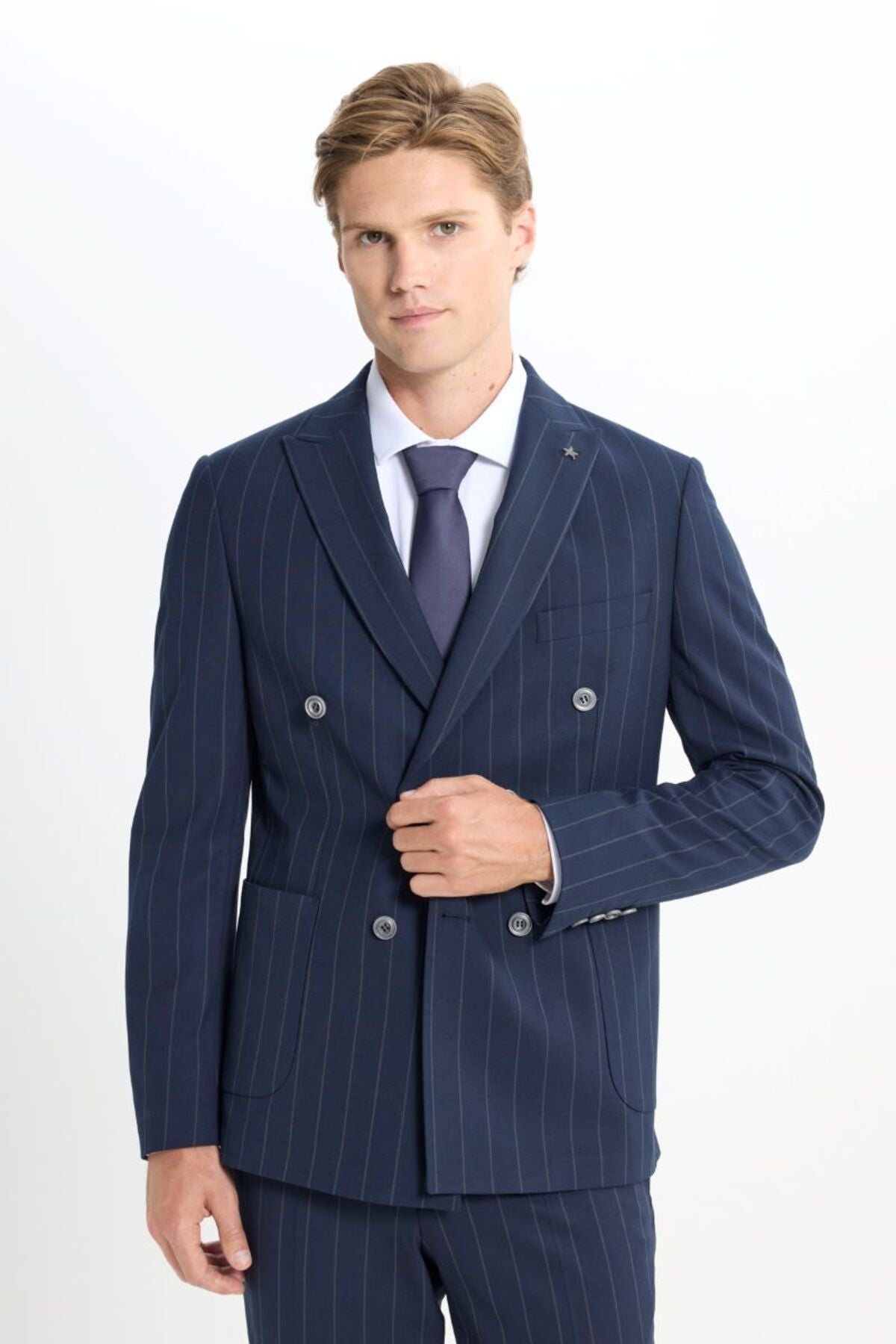 Slim fit narrow cut swallow collar striped cover pocket flexible navy blue-gray suit
