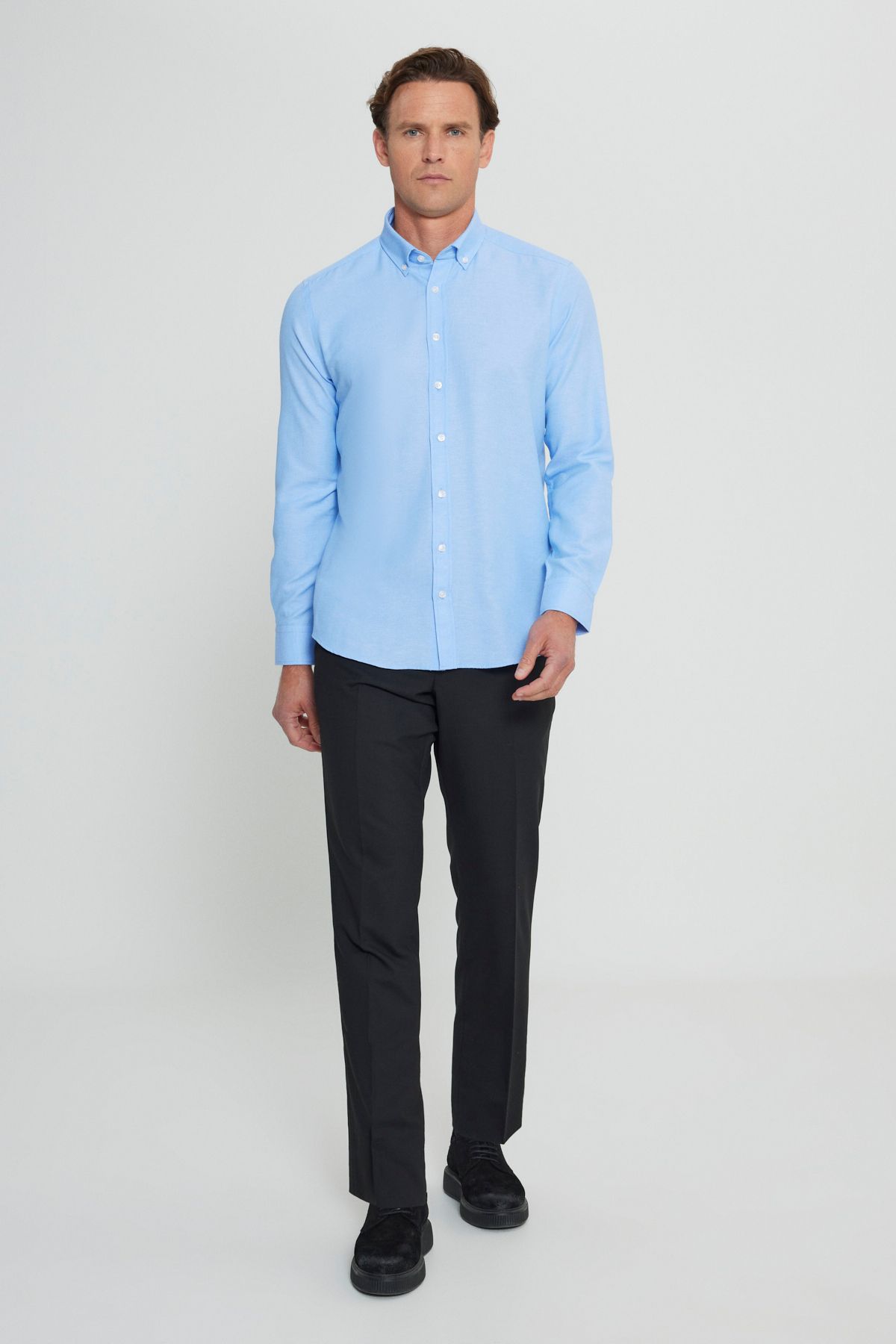 Men's Oxford Blue Button Neck Easy Ironable Cotton Slim Fit Narrow Cut Shirt