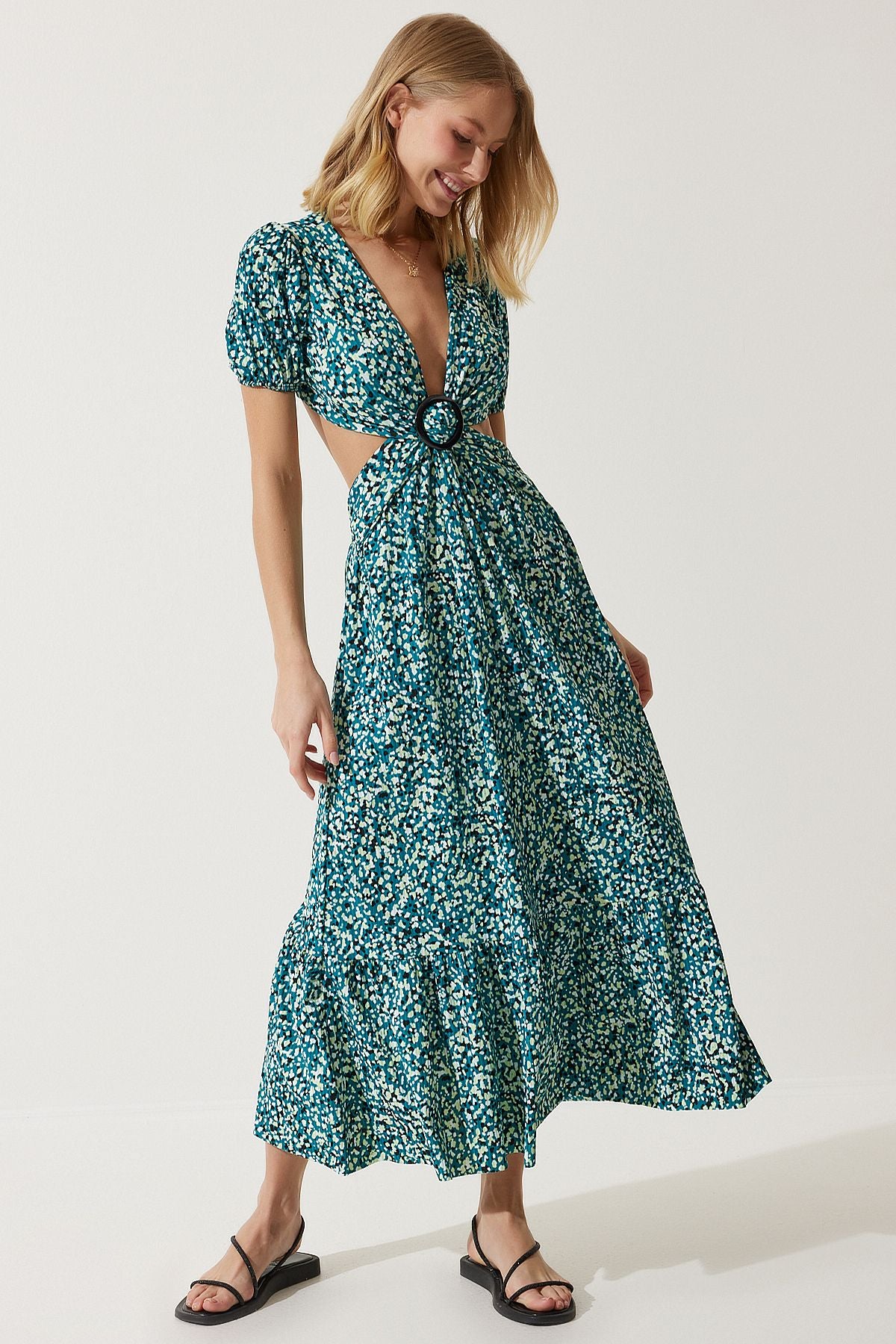 Female Green Patterned Window Detailed Flip Knitting Dress MC00263