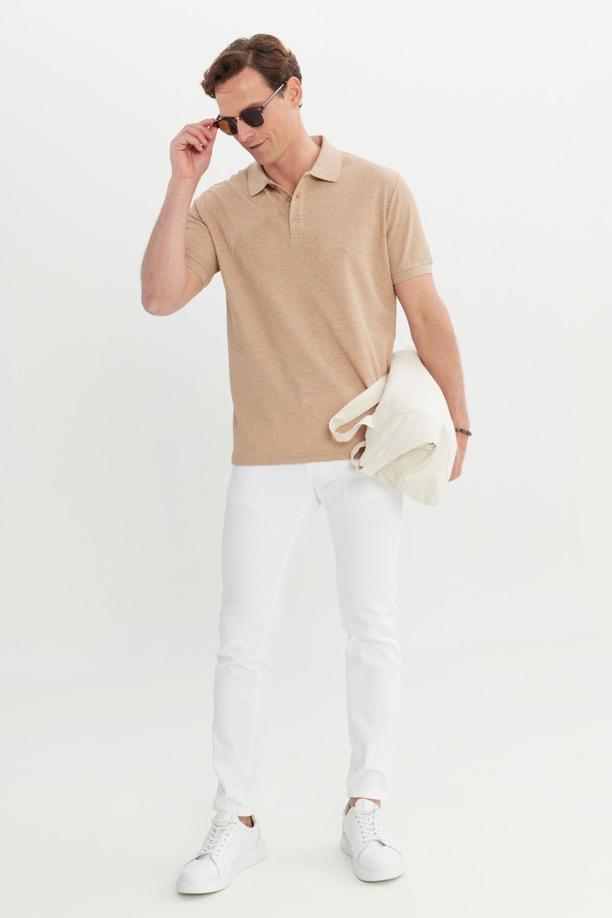 Men's Beige Cotton Standard Fit Normal Cut Patterned Polo Yaka T -shirt