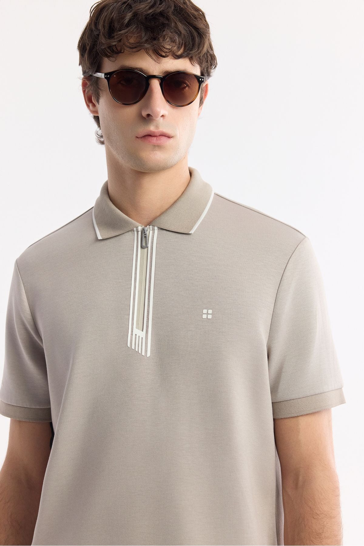 Men's Gray Zipper Polo Yaka Flexi Printing Detailed Interlok T-shirt A51y1007
