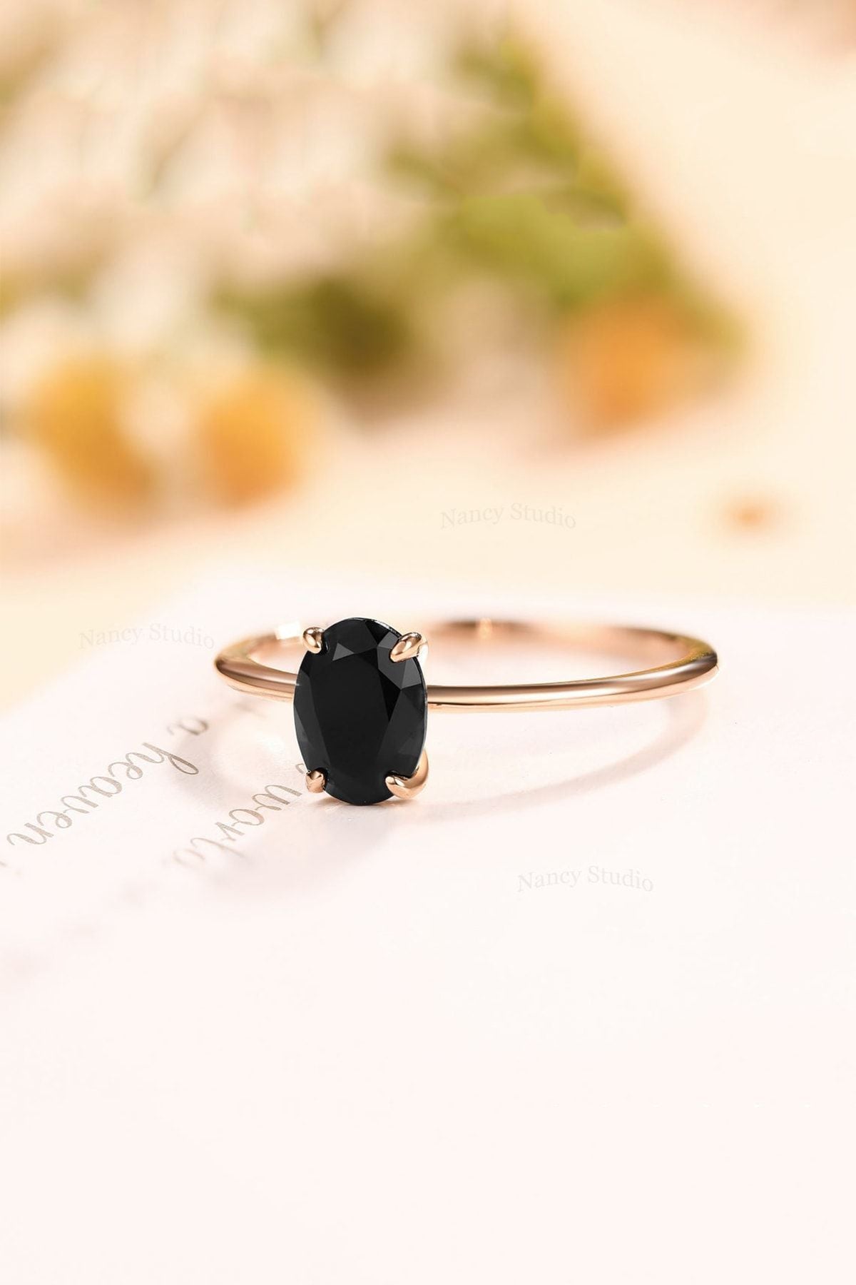 Oval -toothed model black zircon stone 14k rose gold plated woman ring
