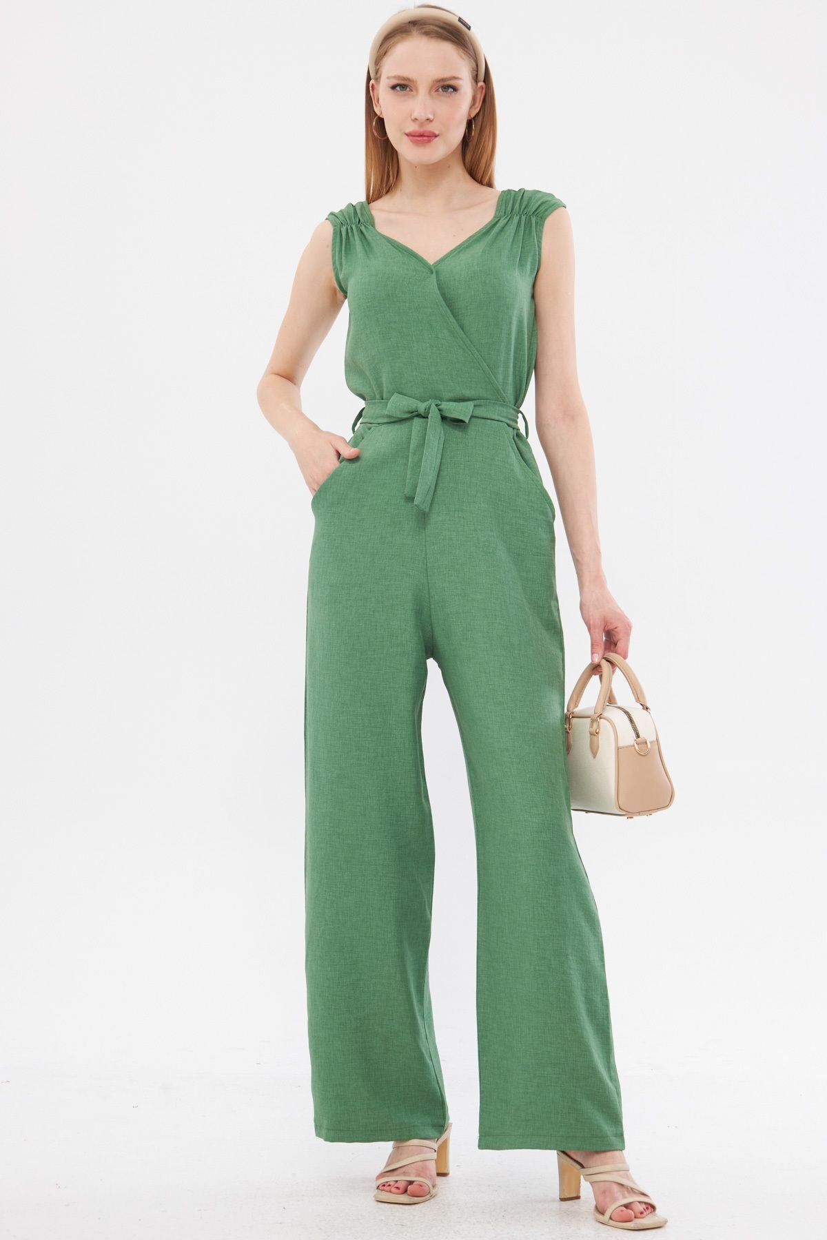 Female green cruiser collar shoulder tire detailed back V-belt long overalls Arm-24y001049