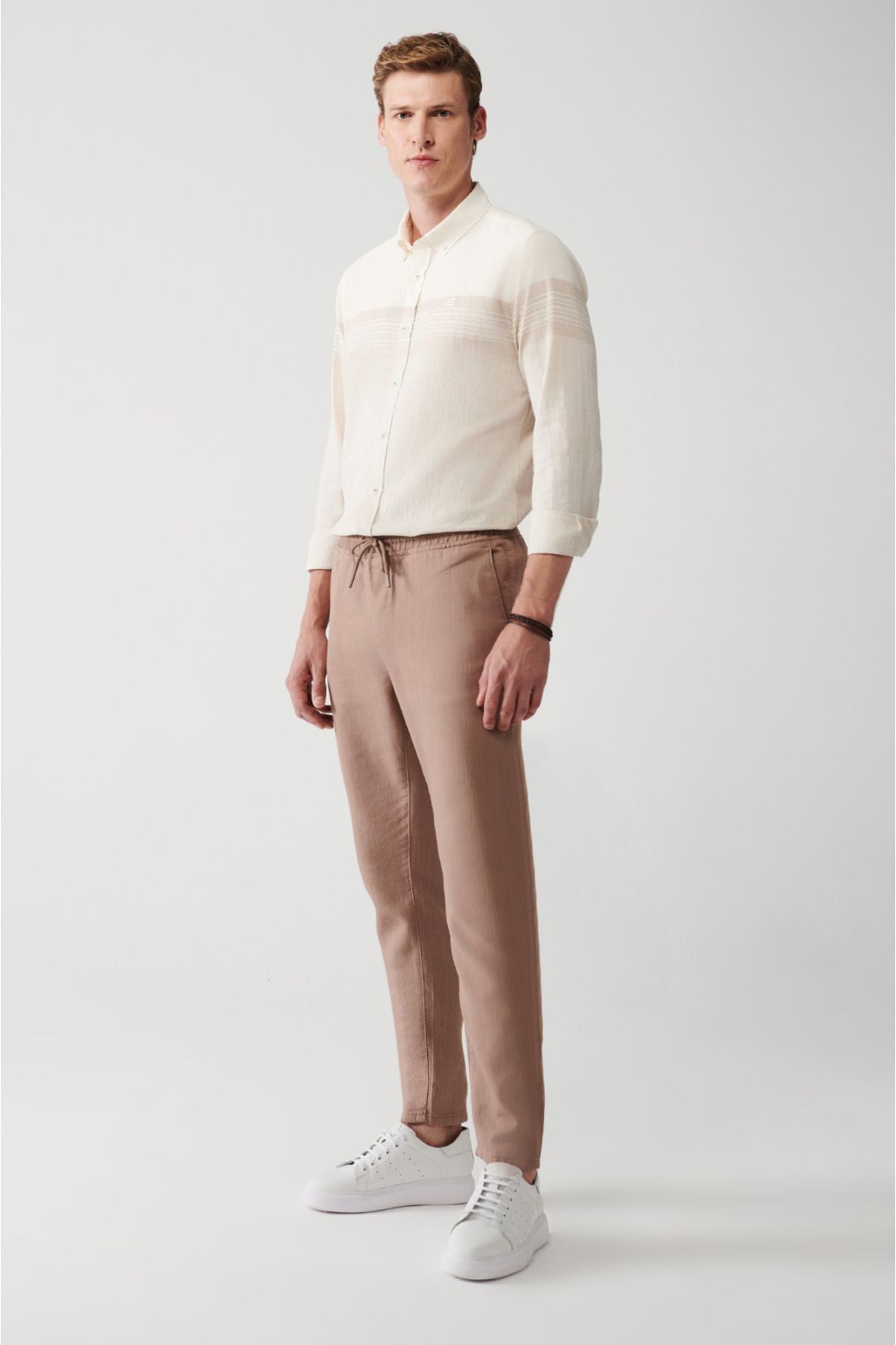 Men's Mink Side Pocket Waist Waist Tire 100 %Cotton Linen textured pants E003052
