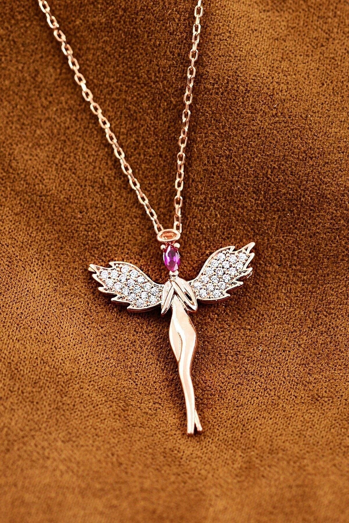 Angel Model Fuchsia Stone 14 K Rose Gold Plated Women Necklace
