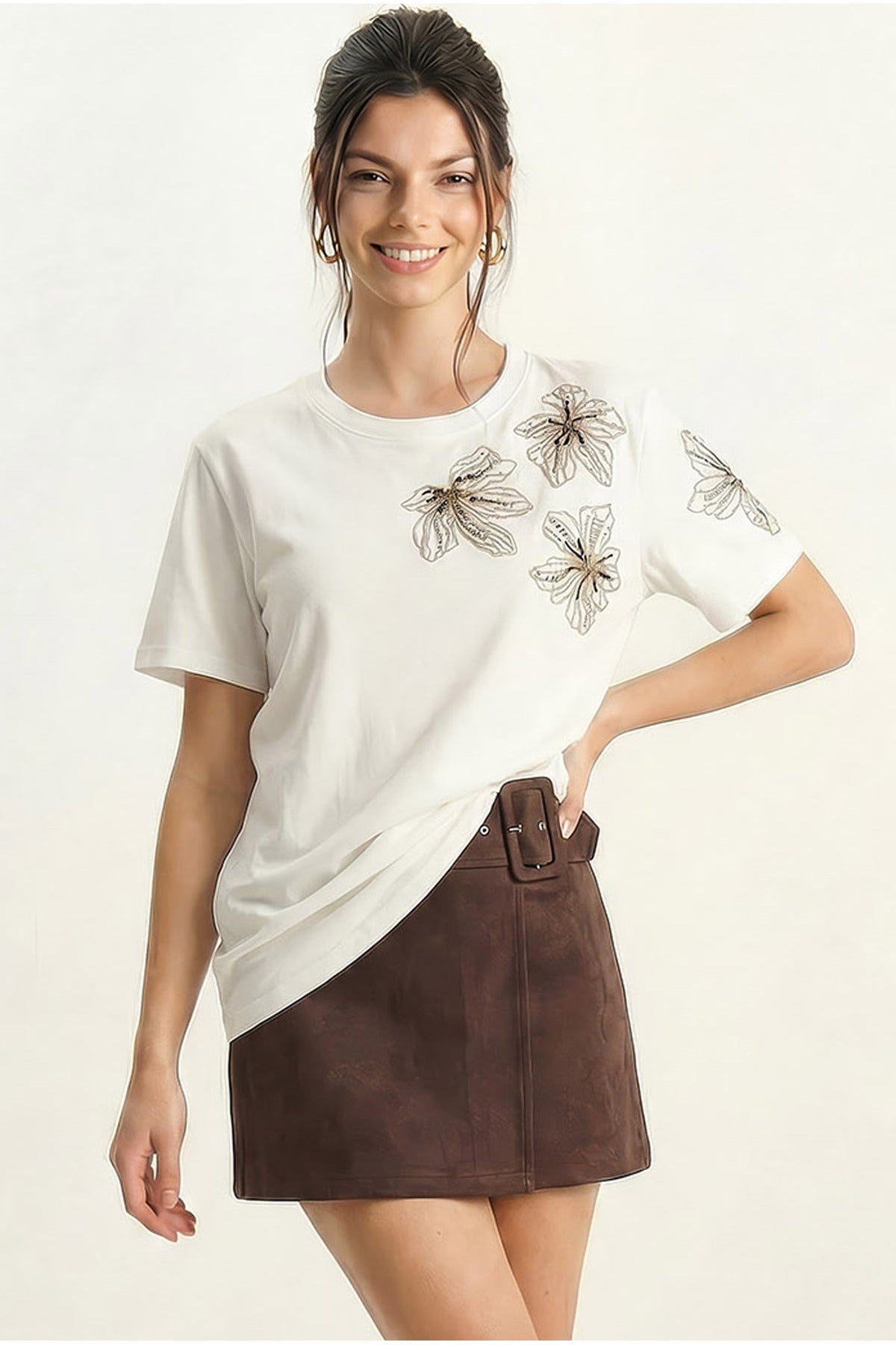 Women's Beaded Stone Embroidered Flower Patterned Sleeve Detailed Crew Neck T-Shirt 2107 60283972