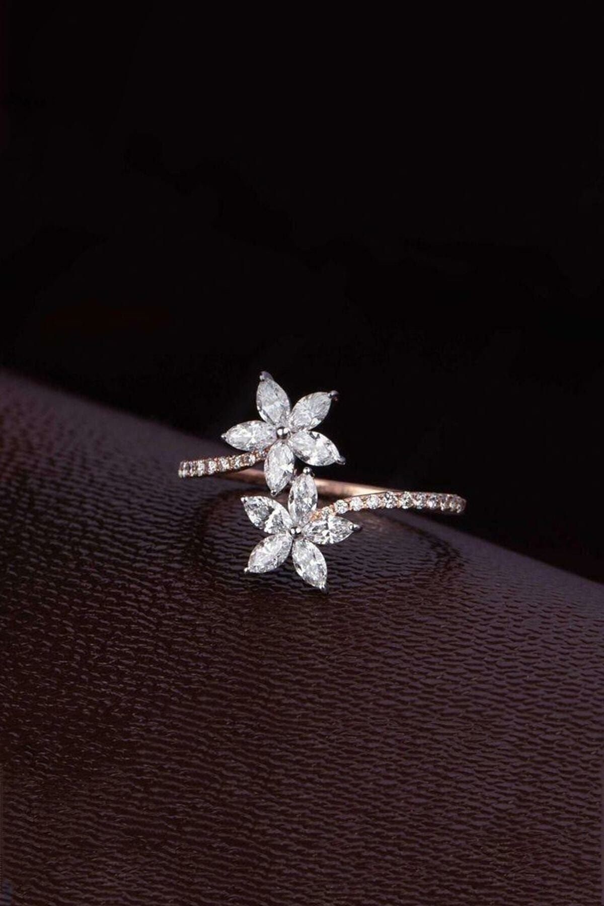 Remember Me Flower 14k Rose Gold White Stone Adjustable Measure Ring