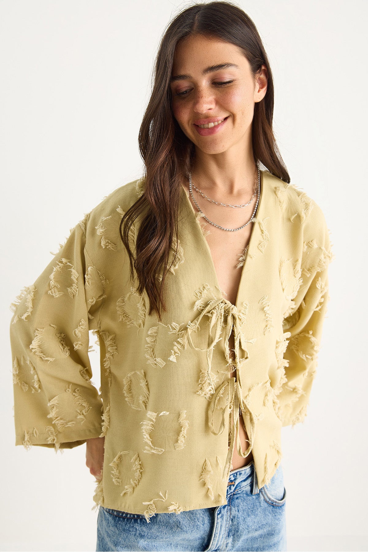 Women's Tie-Front, Self-Embroidered Tasseled Loose Kimono 7012-2 60283410