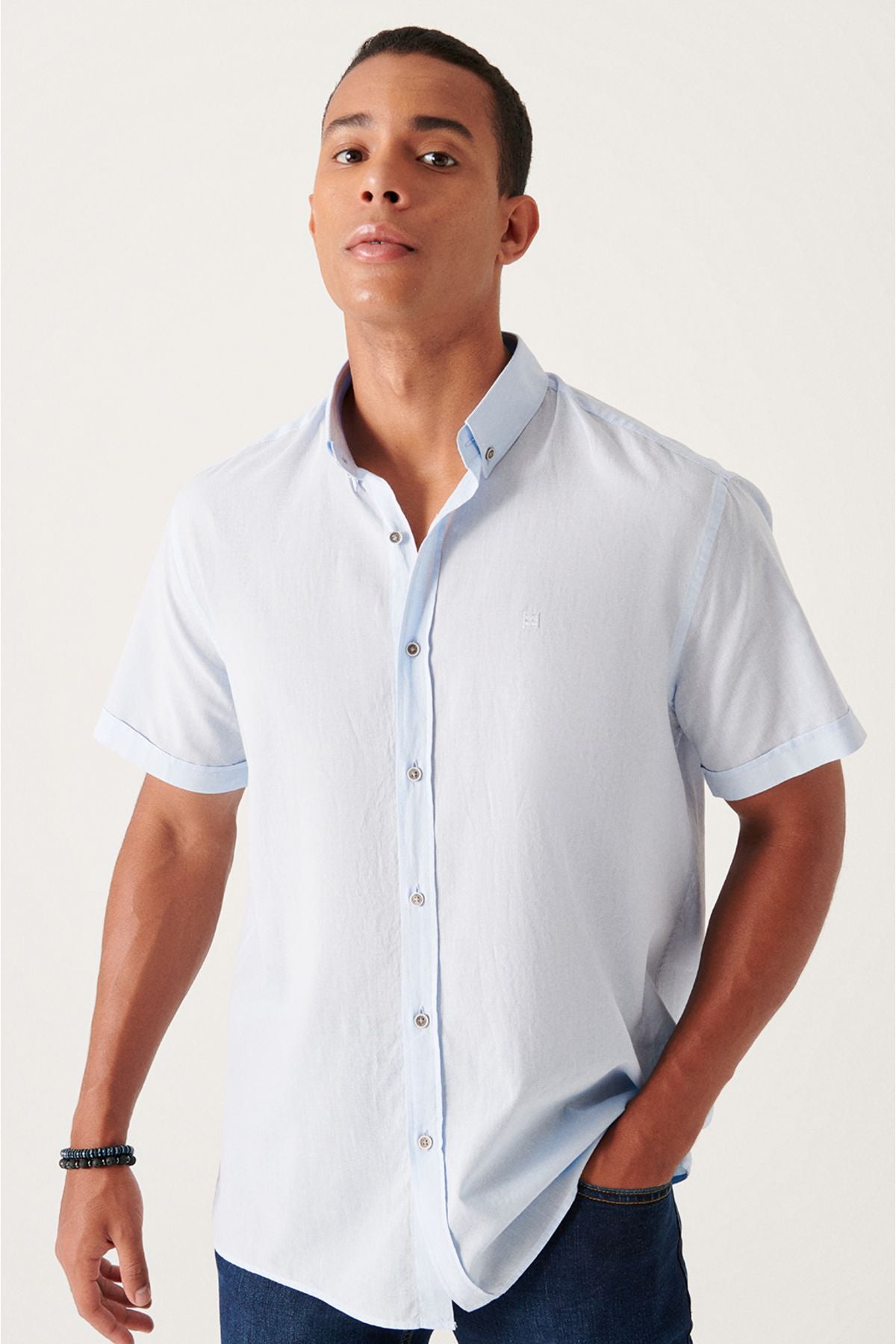 Men's Blue Button Neck 100 %Cotton Futter Short Sleeve Shirt E002210