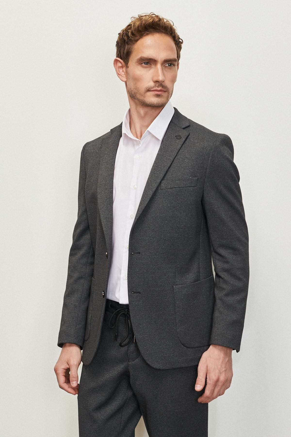 Men's anthracite extra slim fit narrow cut swallow collar diagonal patterned suit suits