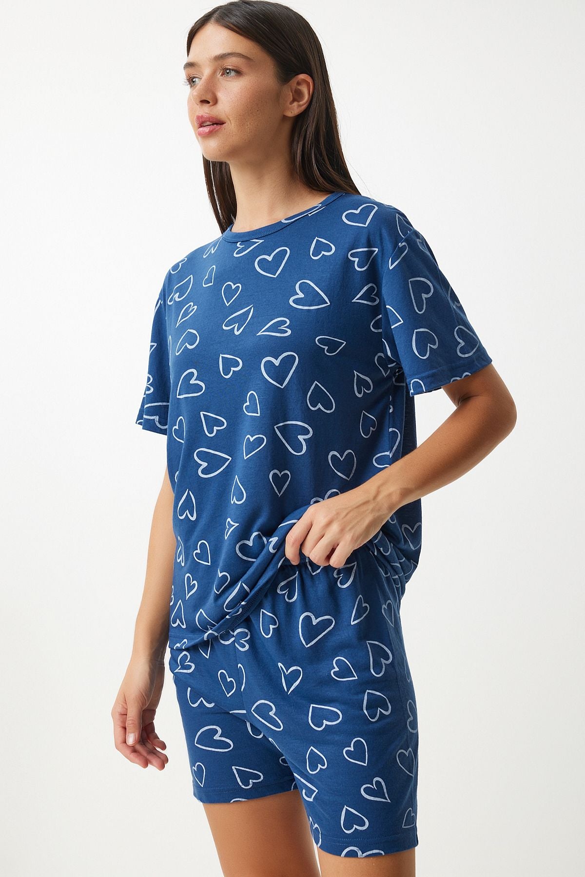 Female navy blue patterned viscose shorts T-shirt pajama set EC00045