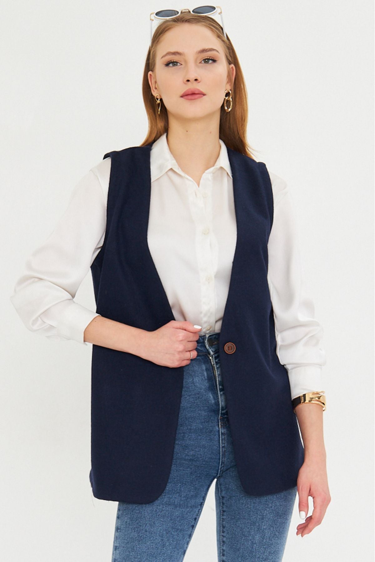 Woman Navy Blue V-Neck Single Button Oversize Patterned Vest ARM-25K001110