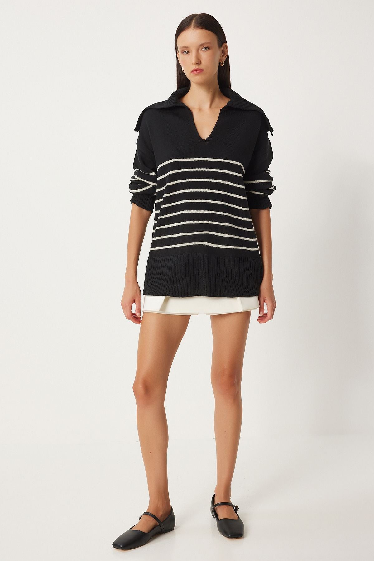 Female black shawl collar striped oversize knitwear sweater FN03345