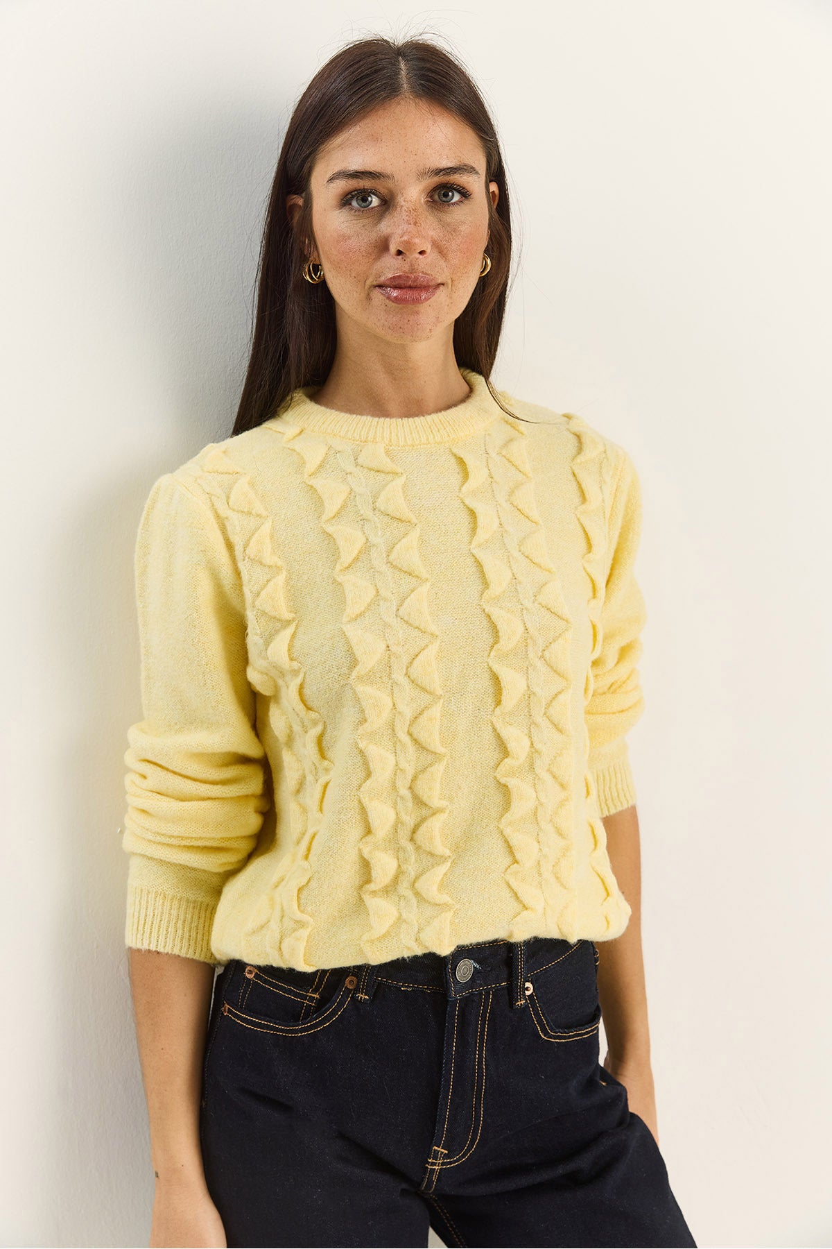 Women's Crew Neck Frilly Soft Knitwear Sweater 60261184