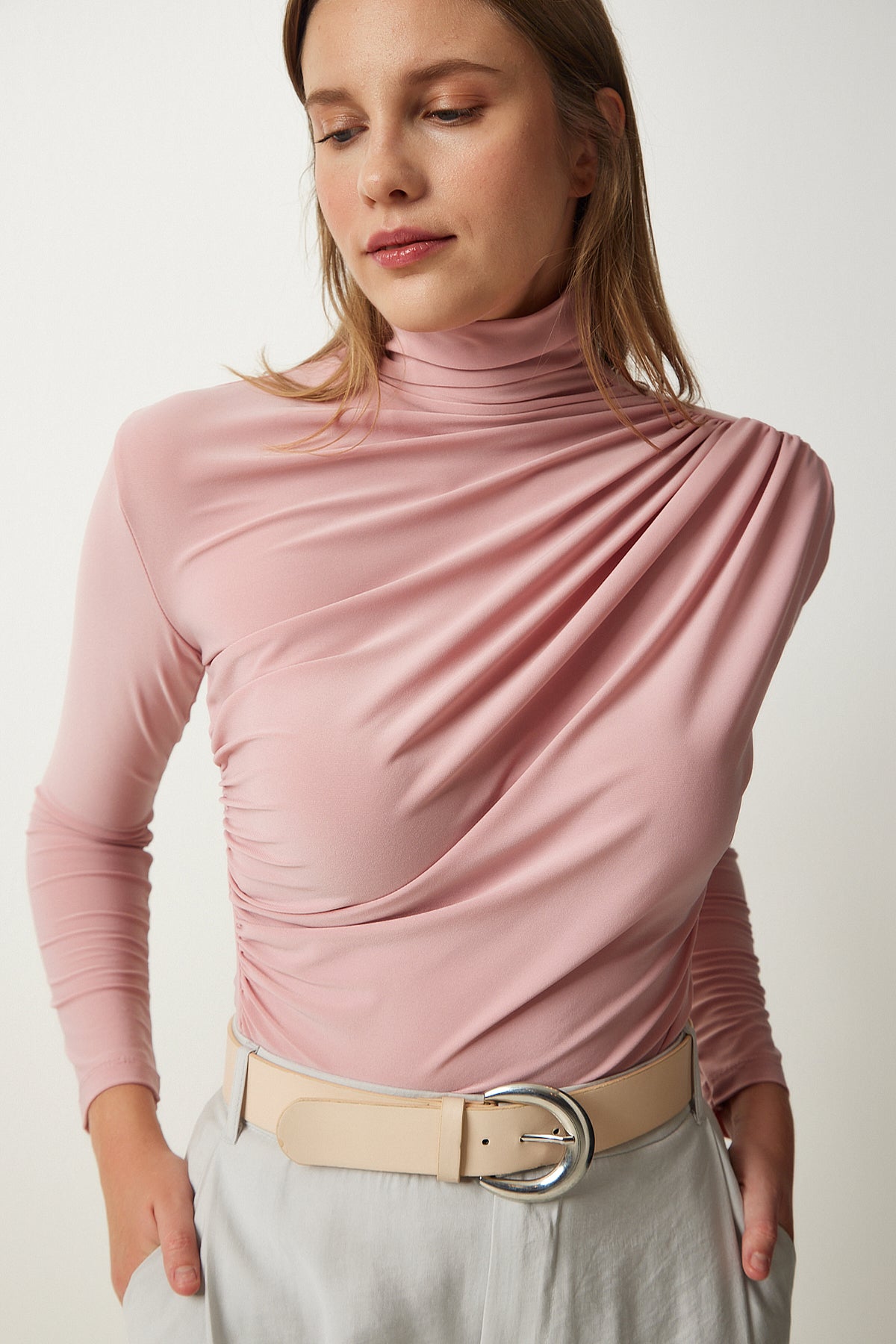 Female powder shirring detailed upright collar sandy blouse FF00135