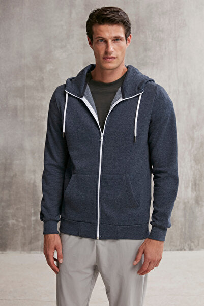 Core Men's Zippered High Collar Hooded Navy Blue Sweatshirt with Drawstring and Fleece Inside