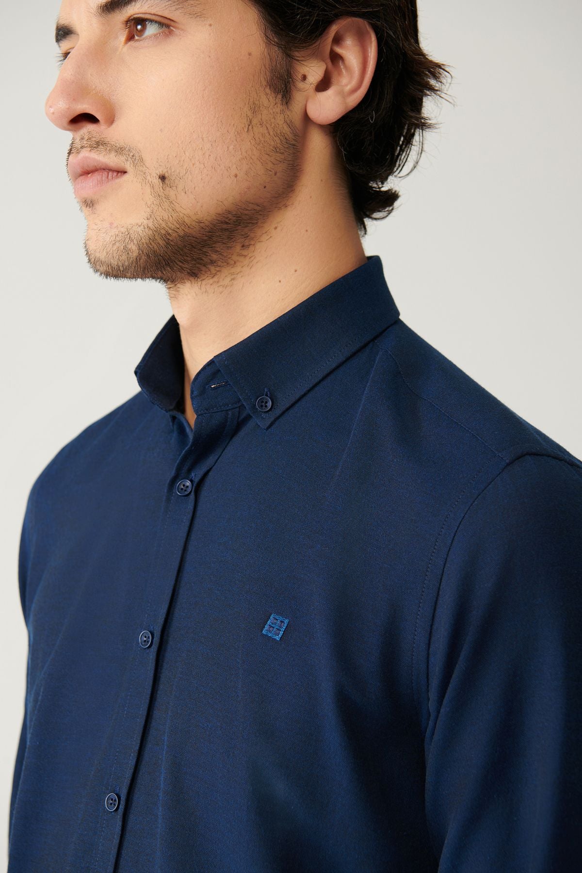 Men's navy blue button collar easily ironed cotton Oxford Shirt E002000