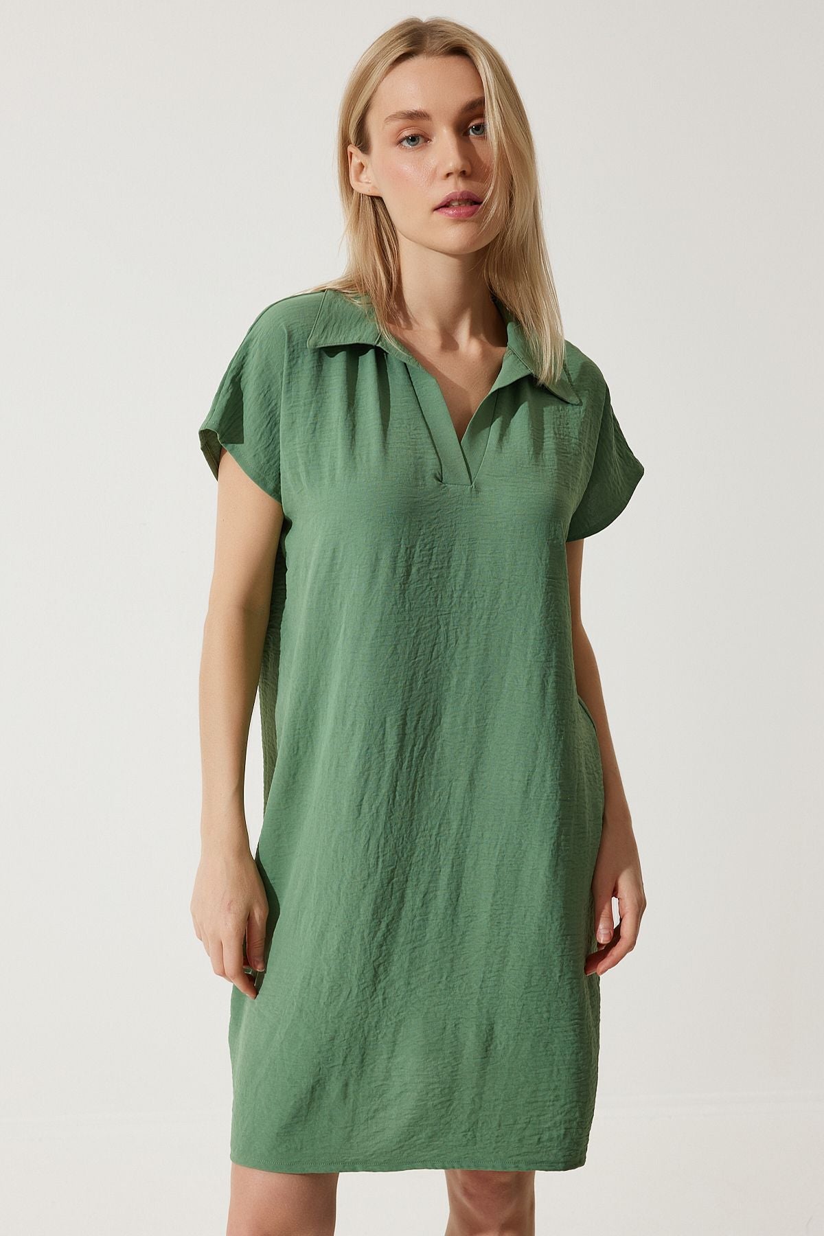 Women Cagla Green Polo Yaka Summer Plenty of Linen Ayrrin Dress to00138