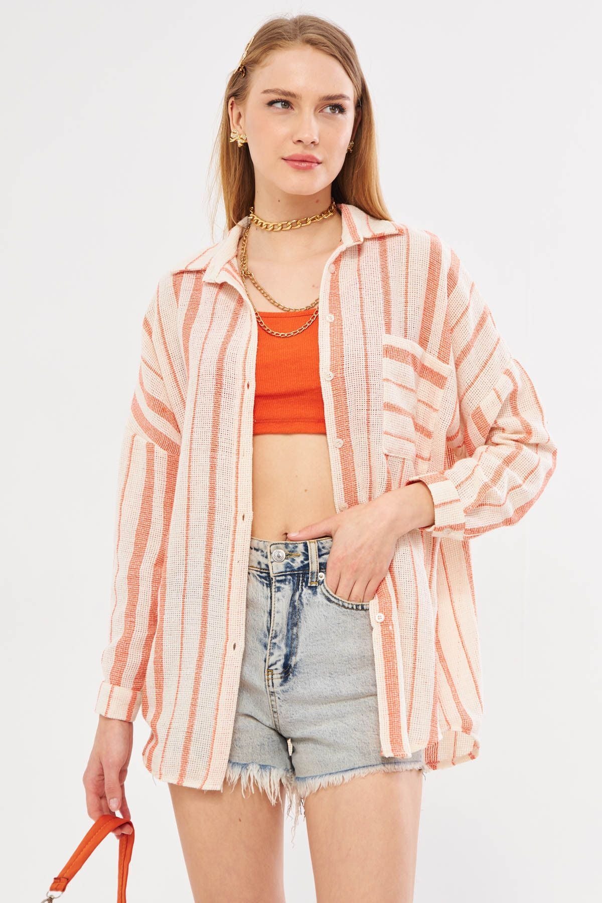 Women's Orange Long Sleeve Pocket Detailed Ristle Pleated Striped Oversizer Shirt ARM-24Y001053