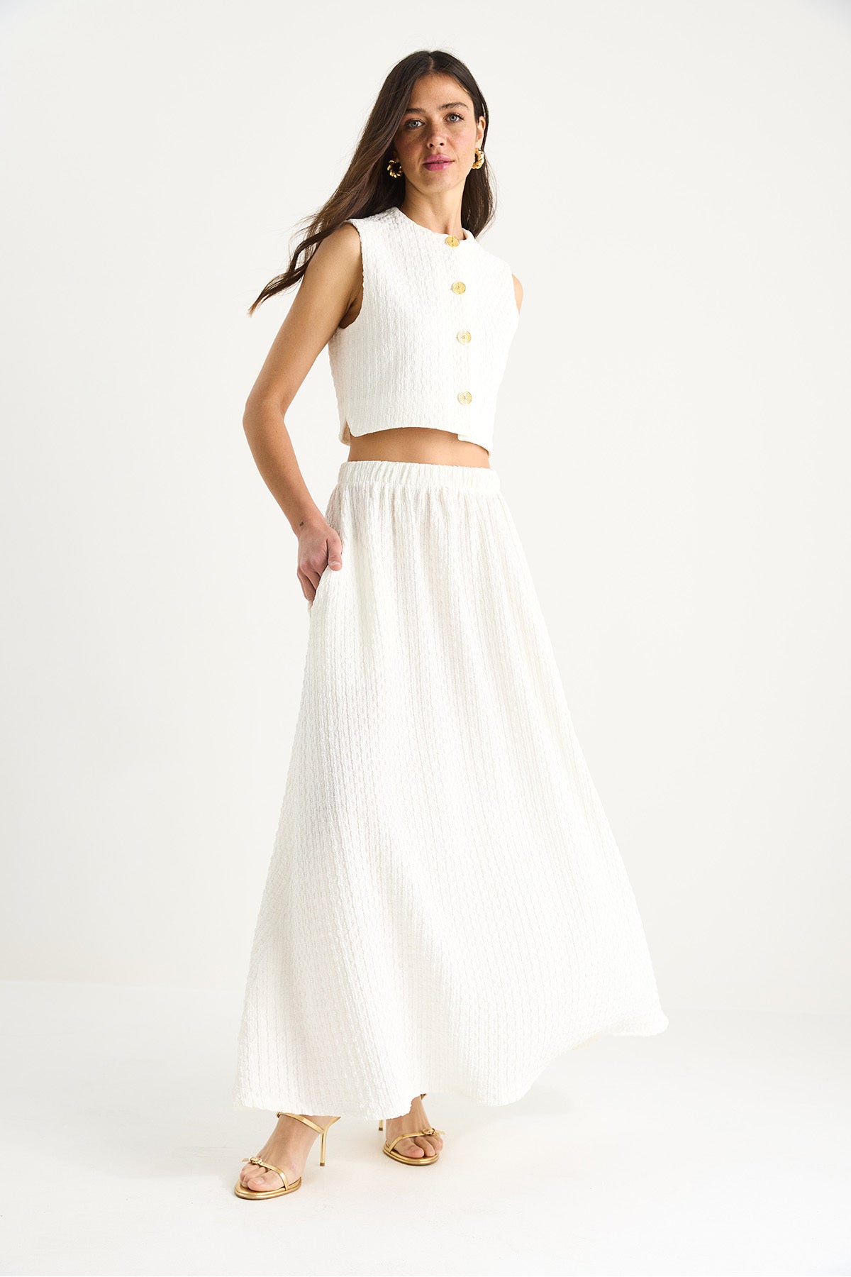 Women's Crop Vest, Elastic Waist, Pocket Detail, Long Skirt, Top and Bottom Seersucker Suit 4006 60283371