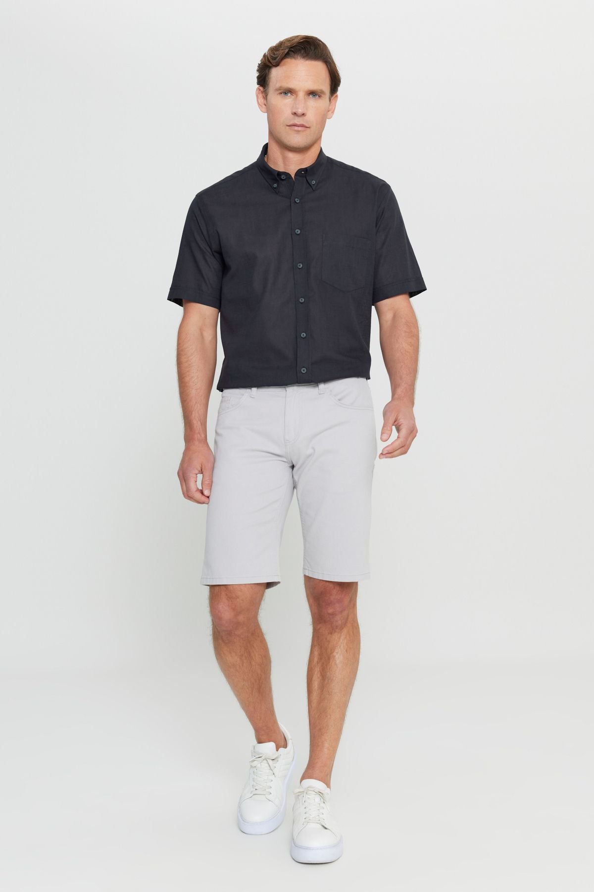 Men's Black Comfort Fit Casual Cutting Buttoned Neck Linen Look 100 %Cotton Short Sleeve Shirt