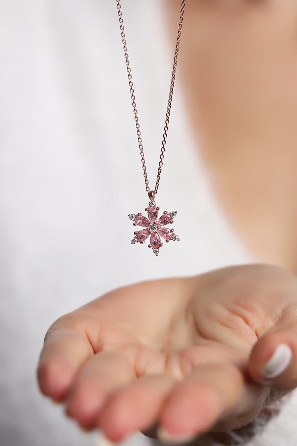 Camellia Flower Pink Stone 14 K Rose Gold Plated Women Necklace