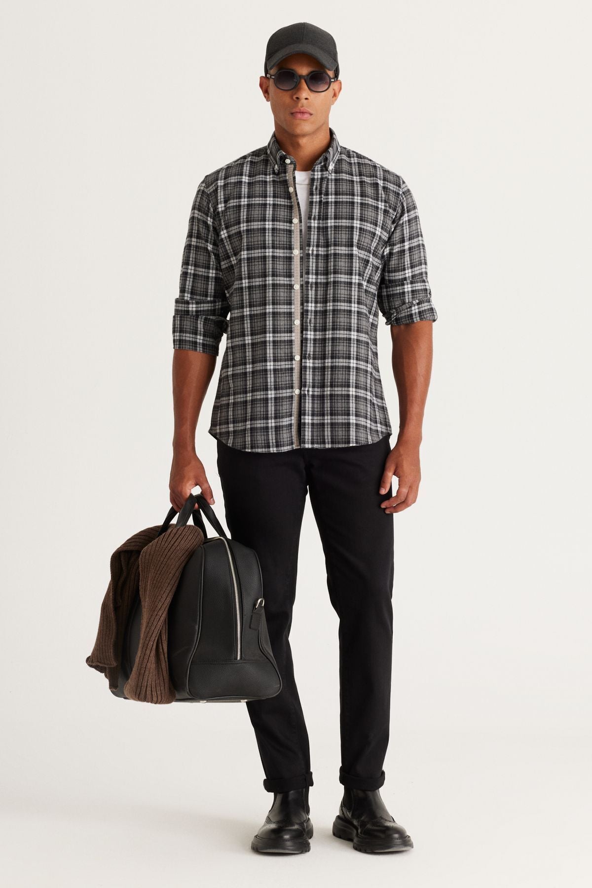 Men's anthracit-gray comfort fit comfortable cut buttoned collar cotton checkered shirt