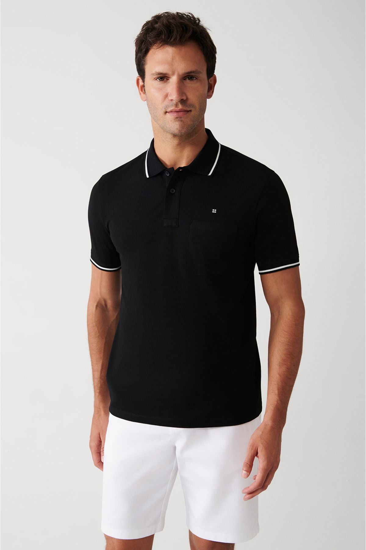 Men's black curved collar with 2 buttoned polo collar t-shirt E001031