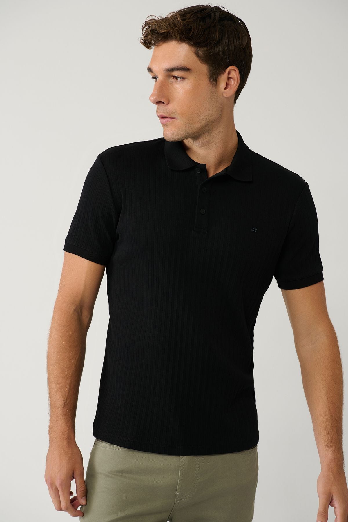 Men's black 100 %cotton 3 buttoned jacquari Polo collar T-shirt A41y1354