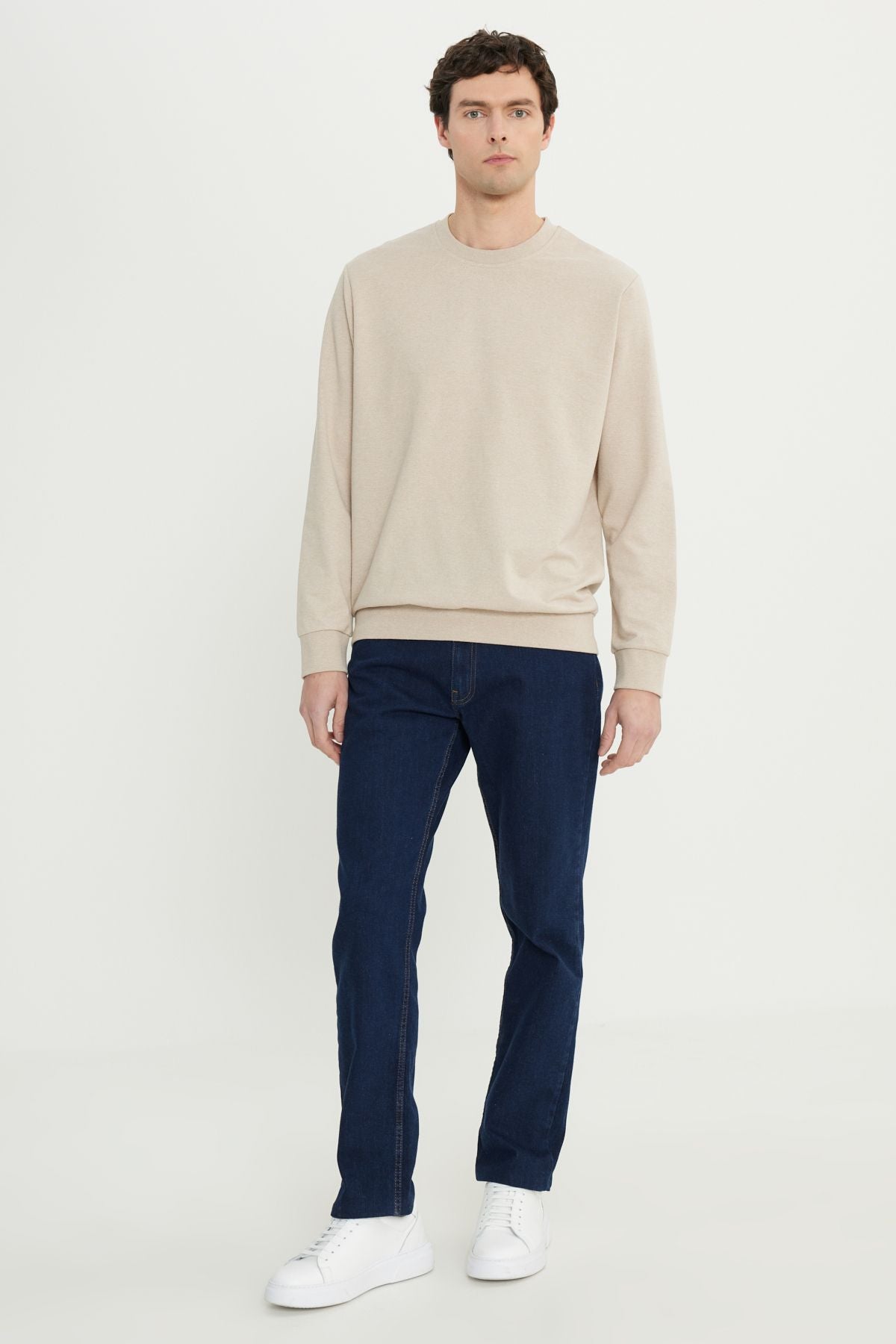 Men's Beige Standard Fit Normal Cutting 2 Yarn Recycle Cotton Bicycle Collar Sweatshirt