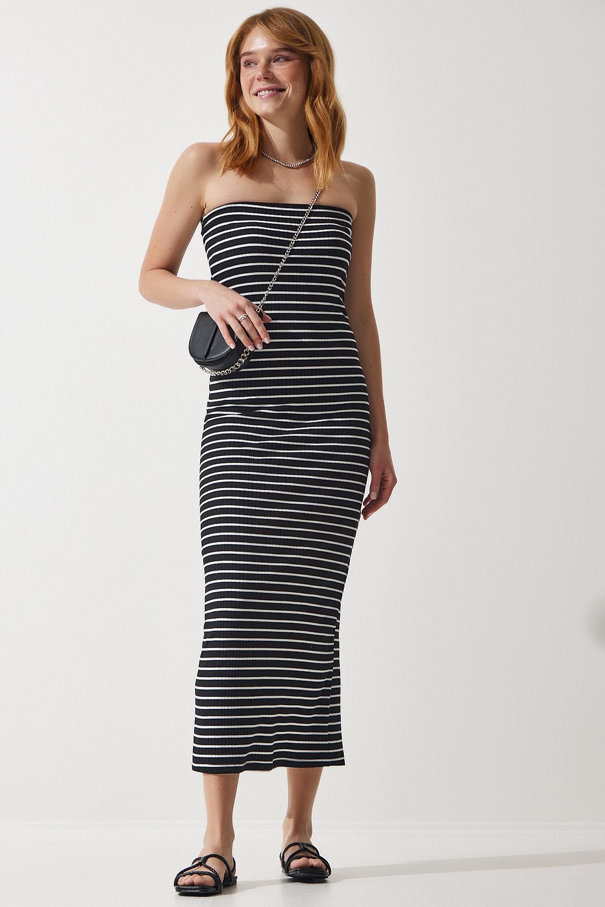 Female black striped strapless collar wick summer knitted dress ub00256