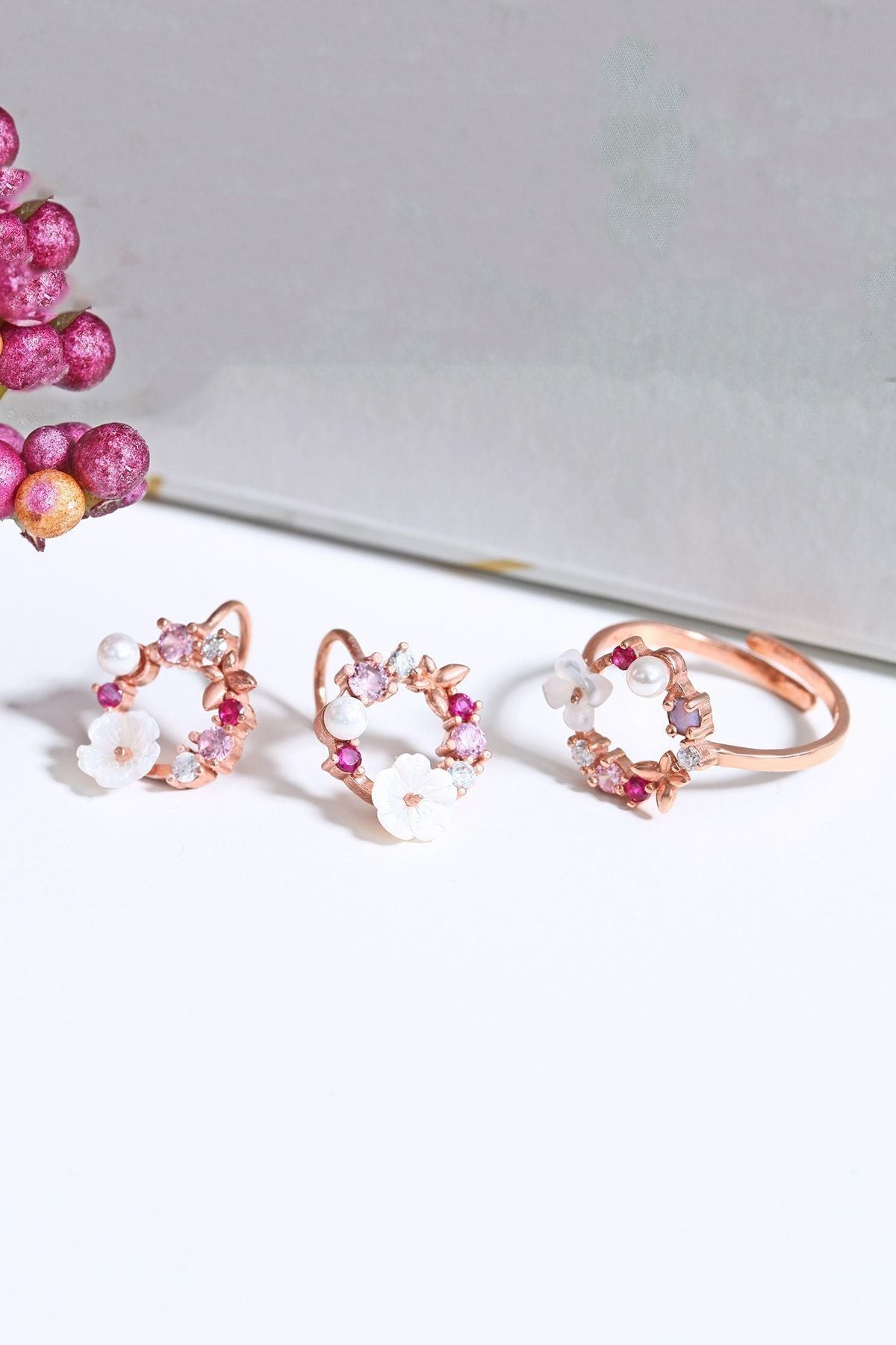 Orchid and Colorful Stone Earrings and Ring 14 K Rose Gold Plated Woman Set