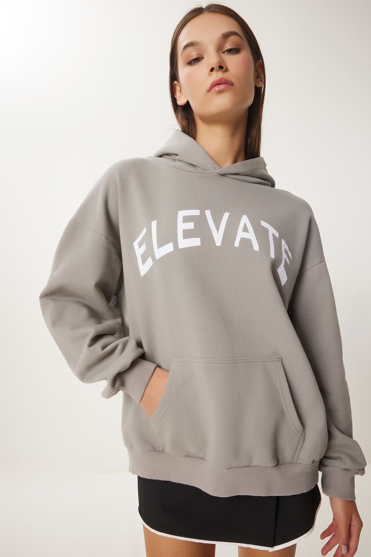 Women's gray hooded printed oversiz knitting sweatshirt ce00095