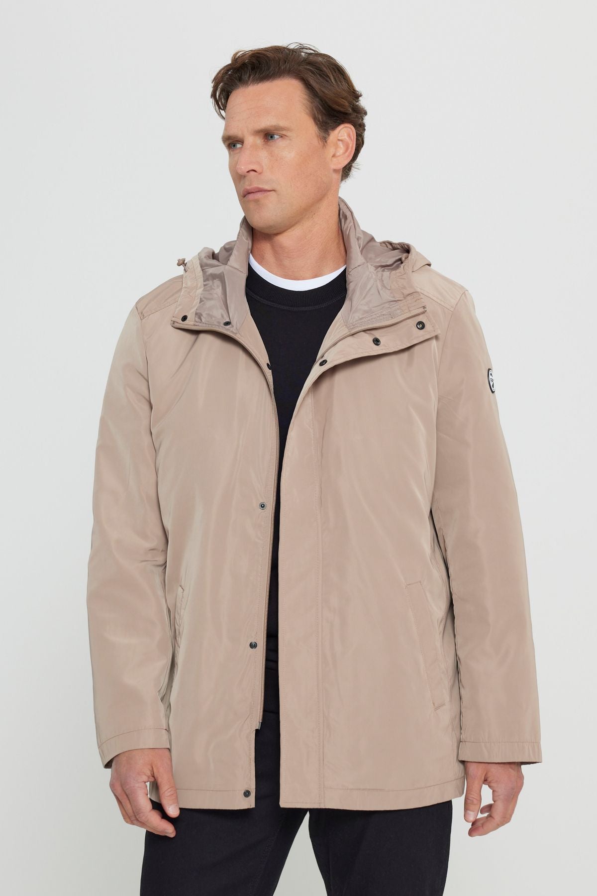 Men's mink standard fit normal cut windproof hooded upright collar coat trench coat