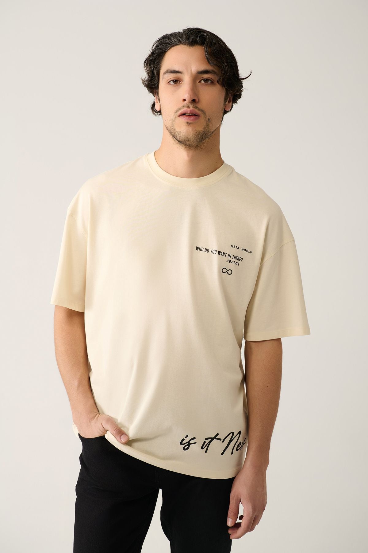 Men's Beige 100 %Cotton Bicycle Collar Printed Cotton T-shirt A41y1355