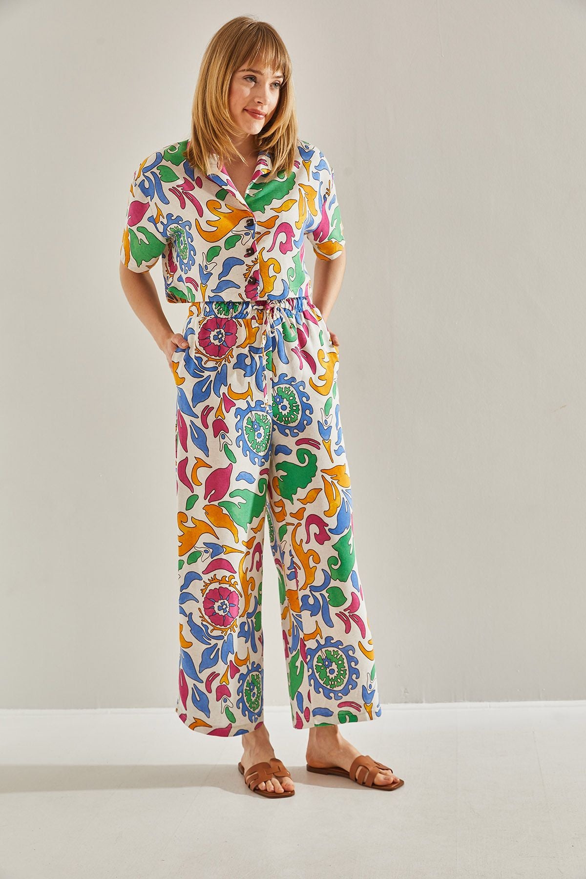 Crop Set with Palazzo Double Pants with Orange Ethnic Patterned 60251023