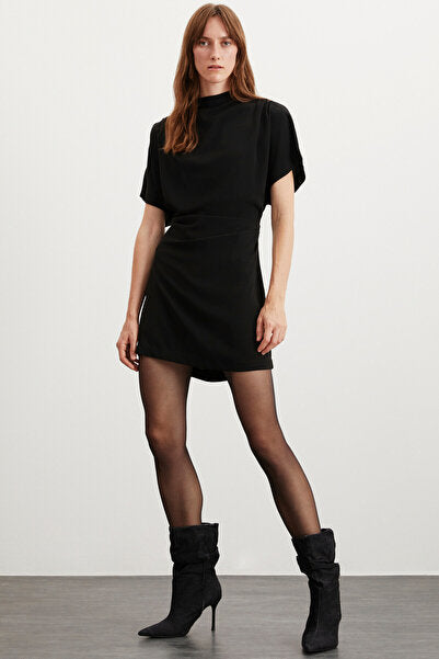 MAXINE Women's Drape Detailed, Off-the-Shoulder, Flexible Crepe Knitted Fabric Mini Black Dress Sitting From The Waist Down