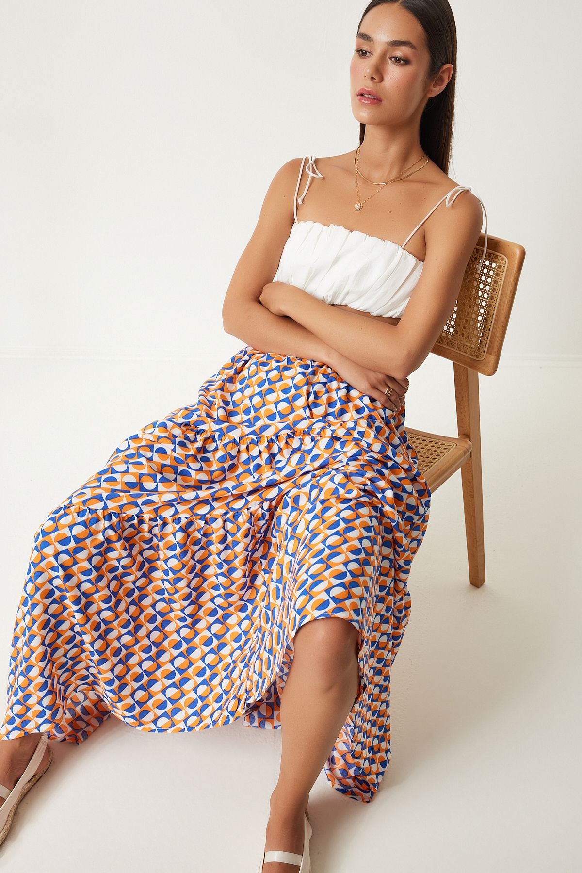 Female Oranj Blue Patterned Fleet Summer Maxi Viscose Skirt FN03197