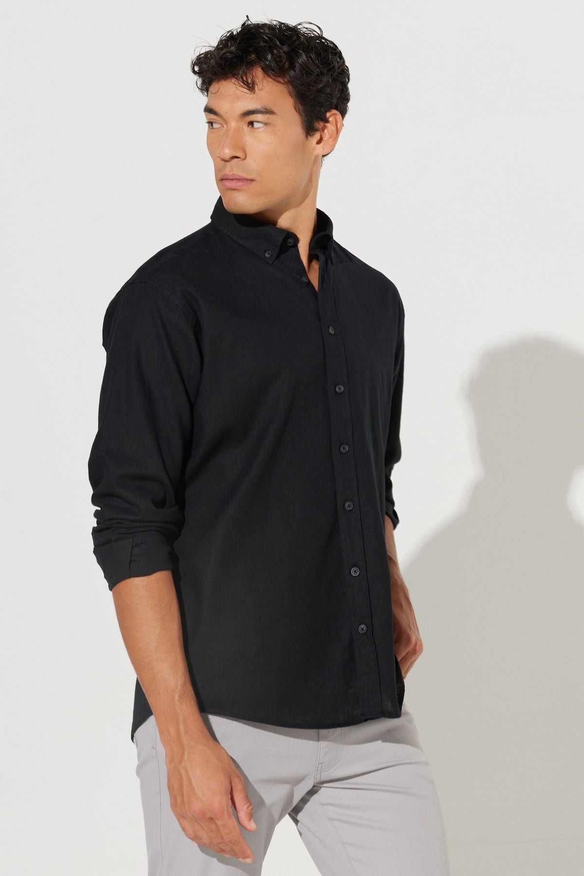 Men's black linen comfort fit comfortable cut buttoned collar shirt