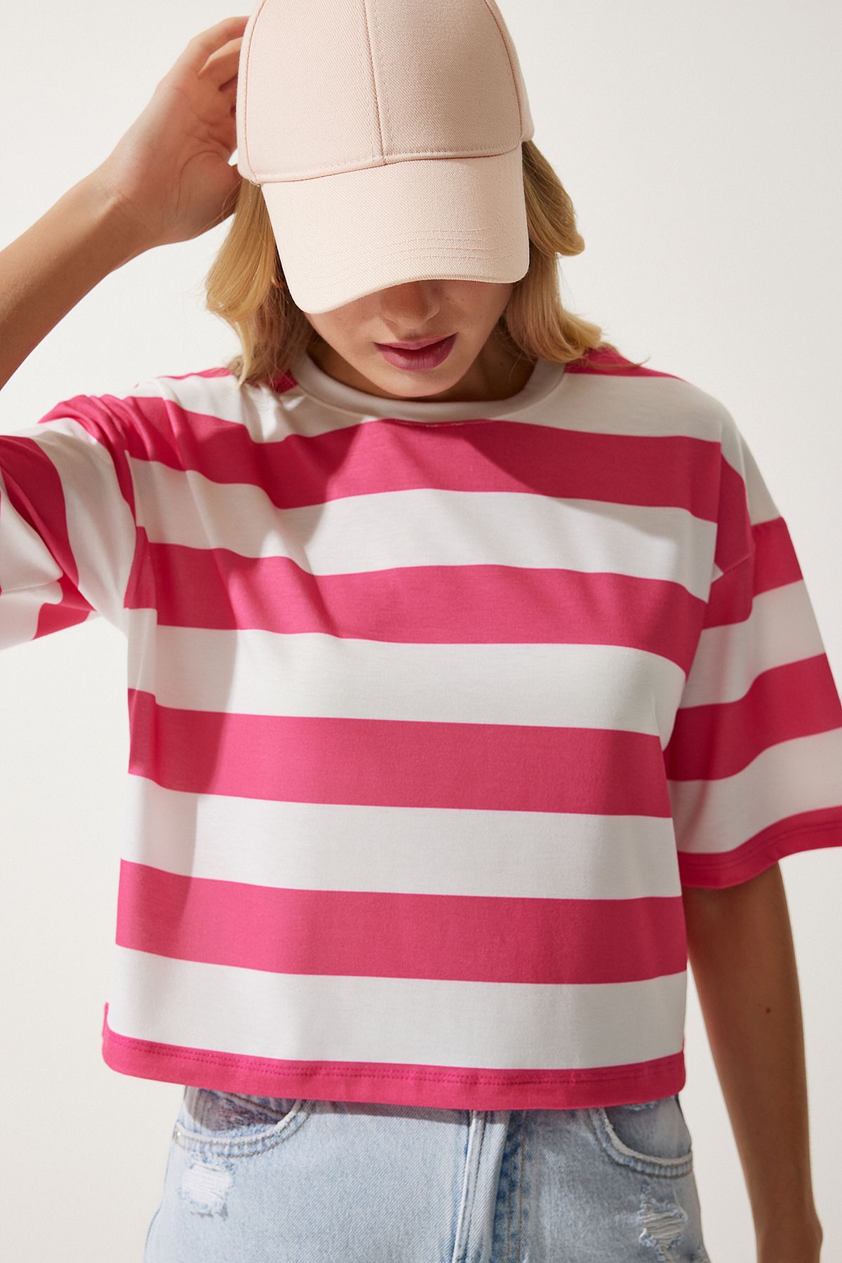 Woman White Pink Bicycle Collar Striped Crop knitting T-shirt HF00452